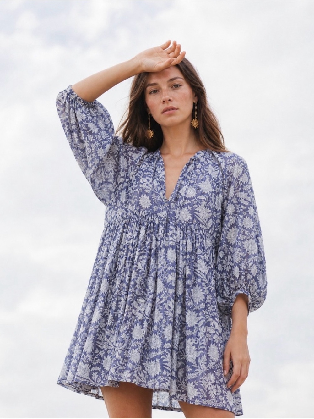 Blue Floral V-Neck Mini Dress